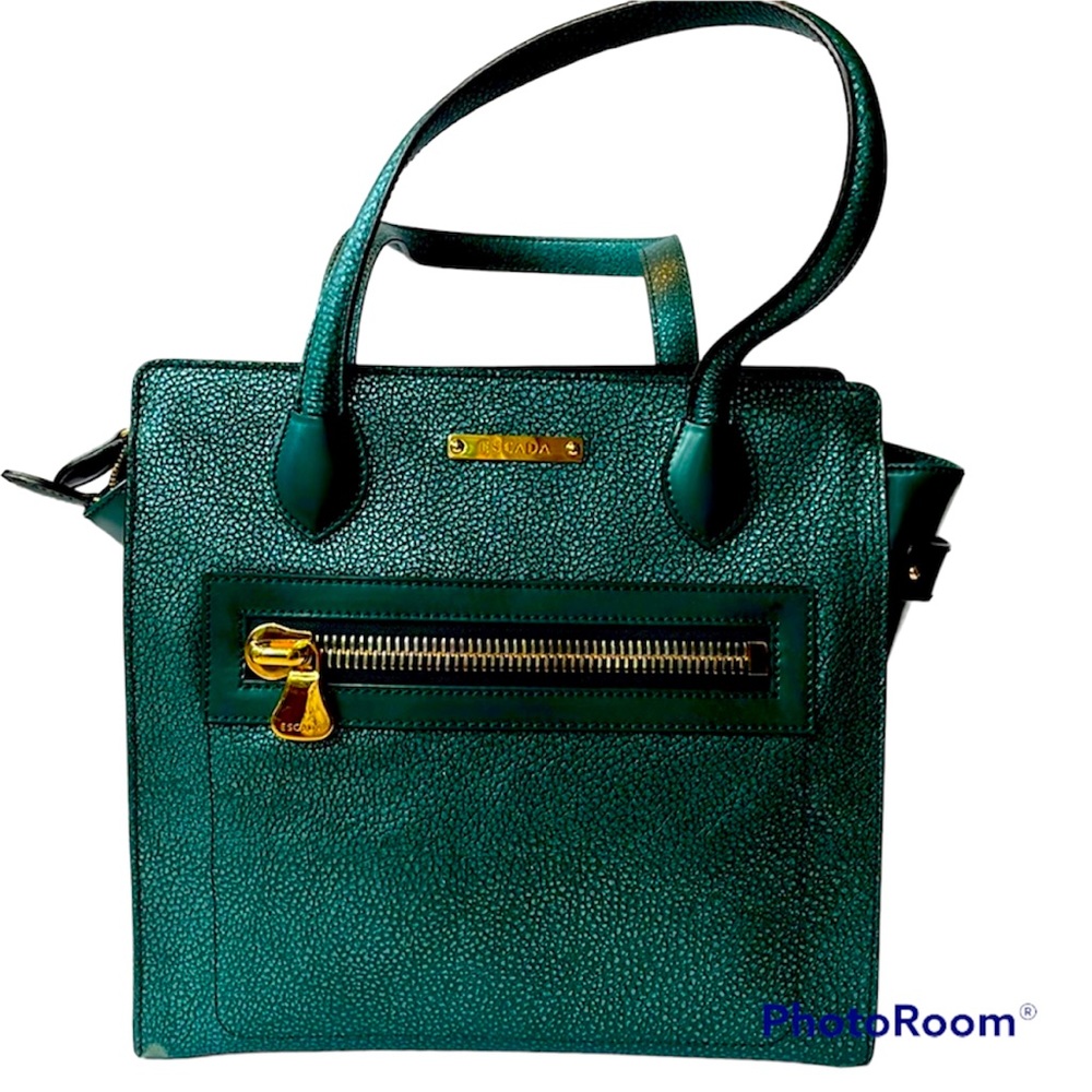 ESCADA teal handbag with gold tone accents
